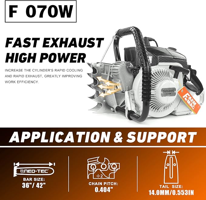 F070W Gas Chainsaw with 36 Inch Alloy Solid Bar 105cc 2-Cycle Gasoline Power Chain Saws 4.8KW 6.5HP Power Chain Saw for Milling Work All Parts Compatible with MS070 090 Neotec NS8105