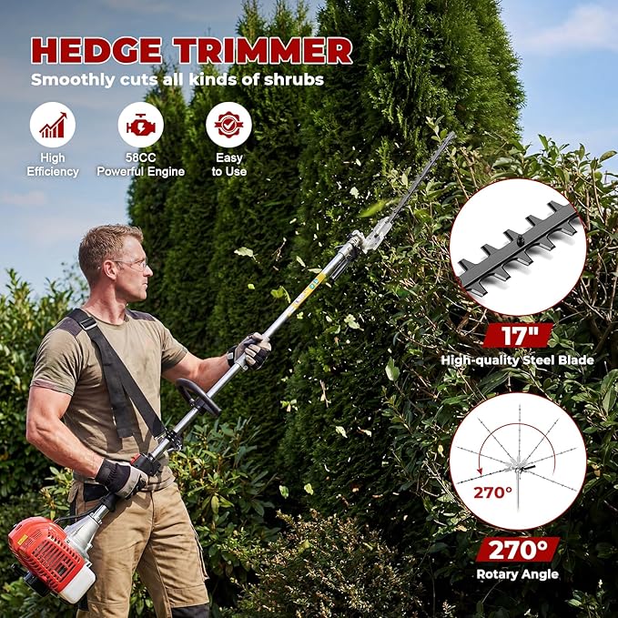 58CC Gas Powered String Trimmer, 2-Cycle Weed Wacker 5-in-1 Multi-Function Tool, Brush Cutter, Hedge Trimmer, Edger, Pole Chainsaw, Gas Powered Weed Eater for Lawn Care