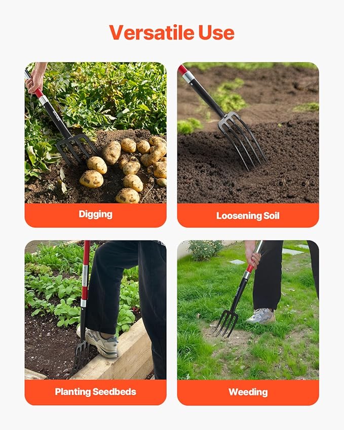 VEVOR Garden Fork, 4-Tine Gardening Pitchfork with Fiberglass Handle, 45 in Heavy Duty Digging Fork with Y Grip, Forged Steel Spading Fork for Hay Potato Composting Transplanting Aeration