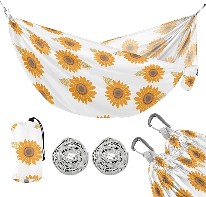 Camping Hammock Outdoor Hammocks for Outside Sunflower White Beach Trees Portable Lightweight with Pockets Tree Straps Indoor Small