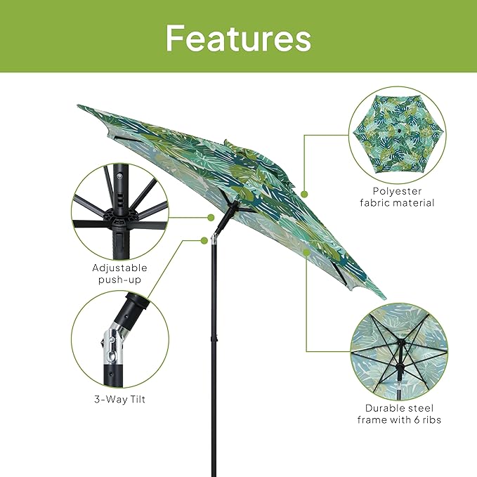 7.5 Foot Round Patio Umbrella with Palm Leaf Pattern, Push-Up Opening Mechanism and 3-Position Angle Tilt, Outdoor Market Umbrella for Garden Deck or Café, Lightweight Portable Sun Shade