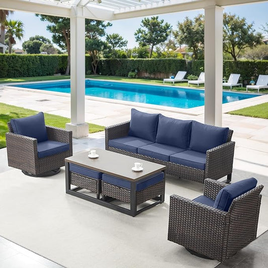 6 Piece Wicker Patio Furniture Set - Outdoor Swivel Rocker Chairs Set with Coffee Table, 3 Seat Sofa & Ottomans, Small Patio Conversation Sets Proch Furniture for Balcony Deck - Brown/Blue
