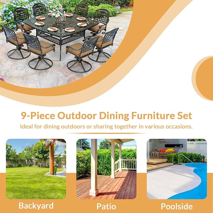 9 Piece Outdoor Patio Dining Set for 8, Cast Aluminium Large Square Dining Table & 8 Swivel Rocker Chairs with Removable Cushions, Umbrella Hole, Patio Furniture Set for Garden, Khaki
