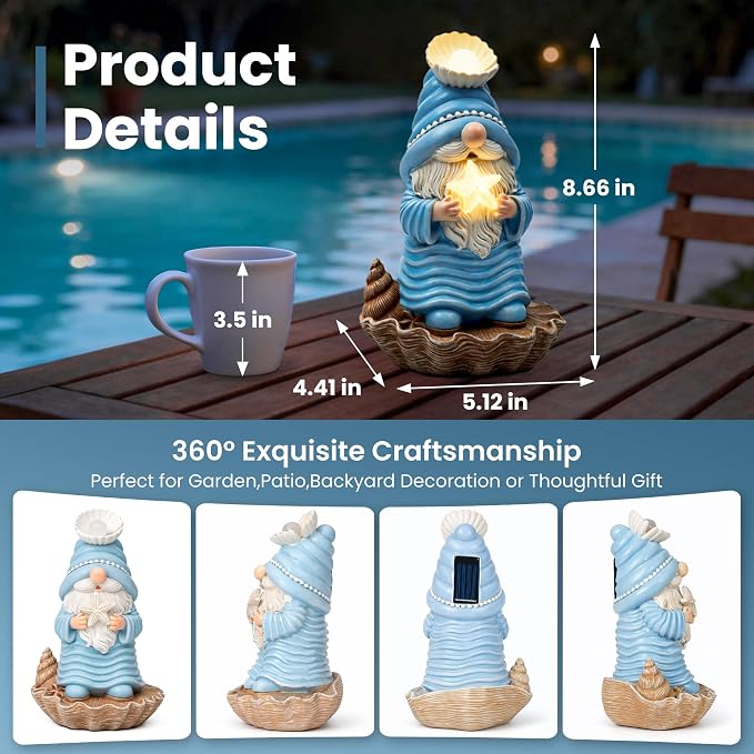 GIGALUMI Garden Gnome Statue, Solar Gnomes Ocean Themed Outdoor Decor, Decoration for Patio Yard Lawn Beach Room, Christmas/Birthday Gift for Mom Women