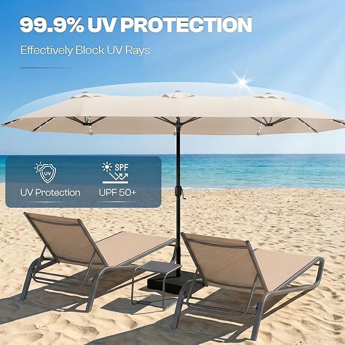 15FT Large Outdoor Patio Umbrella with Solar Lights and Base, Double-Sided Table Umbrellas with 48 LED Lights, Rectangle Market Umbrella for Pool, Deck, Backyard