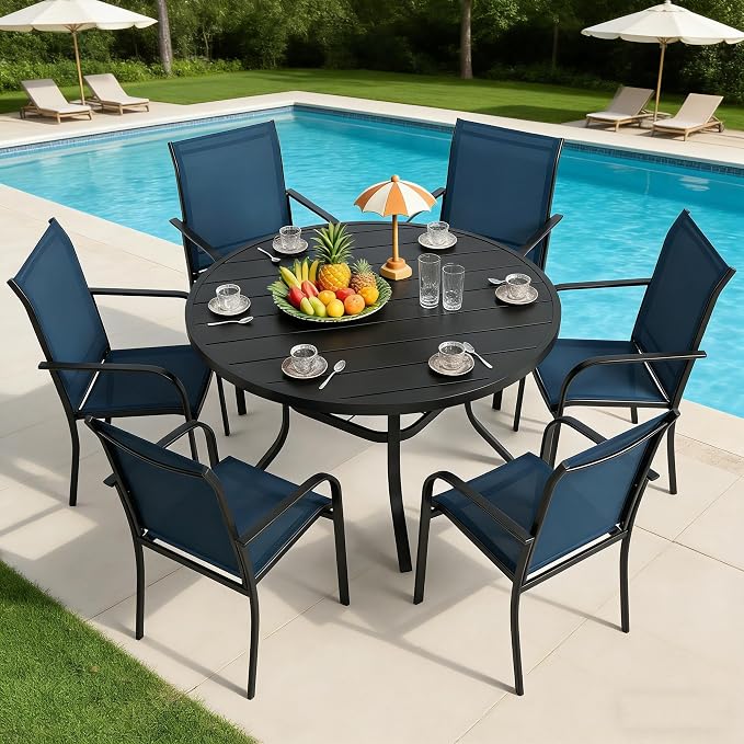 SUNCROWN 7 - Piece Outdoor Dining Set, Patio Furniture Set with 6 x Textilene Dinning Chairs and 53" Metal Round Table with Umbrella Hole for Lawn Garden Backyard Deck, Blue
