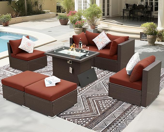 BULEXYARD 7 Pcs High Back Patio Furniture Set with Fire Pit Table Propane/Natural Gas Dual Fuel, Heavy Duty Outdoor Sectional Couch, Big Cozy Backyard Seating for Exterior, Brown Wicker & Red Cushion