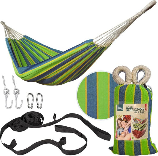 Bliss Hammocks 60" W Double Outdoor Hammock with Hand-Woven Rope Loops & Tree Straps, Patio, Durable, Cotton/Polyester, 265 Lbs Capacity, Mediterranean Stripe