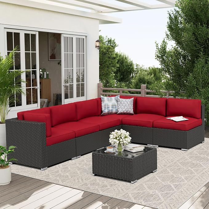 Oakcloud 7-Piece Outdoor Patio Furniture Black Rattan Wicker Sectional Sofa Conversation Set with Glass Top Table and Cushions (Red)