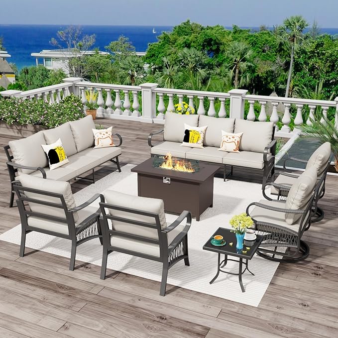 8 Piece Patio Furniture Set, All Weather Metal Outdoor Conversation Set with 50000 BTU Propane Fire Pit Table, 3 Seat Sofa, 2 Swivel Chairs and 5" Cushions for Garden, Porch, Lawn, Beige