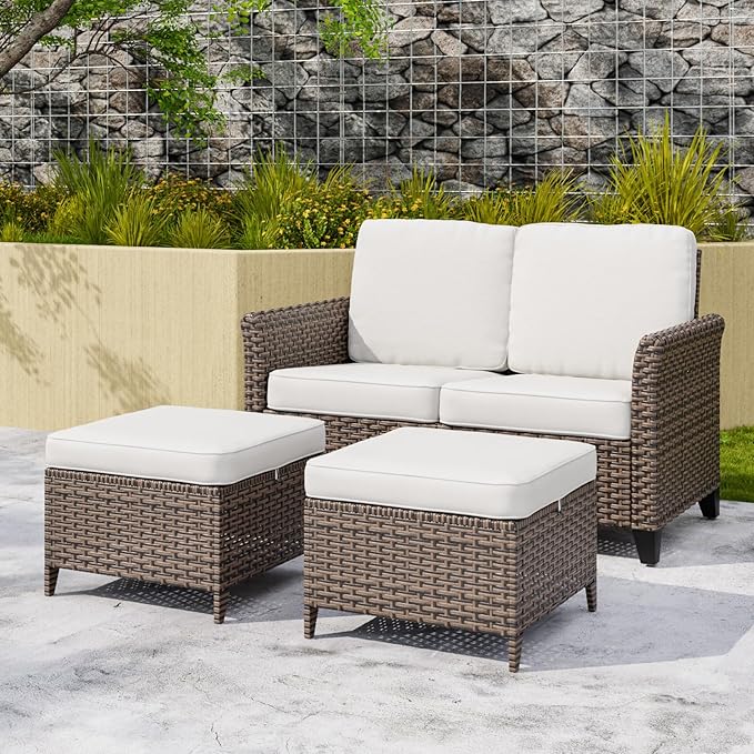 COOS BAY Harbor Retreat 3 Piece Outdoor Furniture Set, Patio Conversation Set with 2 Seat Loveseat and Ottomans, Wicker Furniture, Brown/Beige