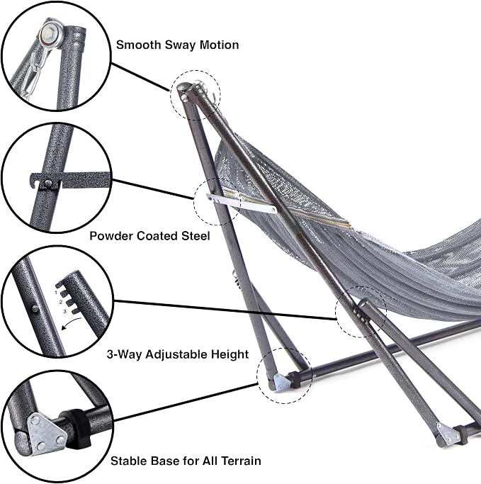 Best Home Fashion Portable Hammock with Collapsible Steel Stand, 600 lbs Capacity, No Tools Assembly, Carrying Bag Included, Perfect for Indoor Outdoor Backyard Patio Camping Beach, 2 Person, Grey