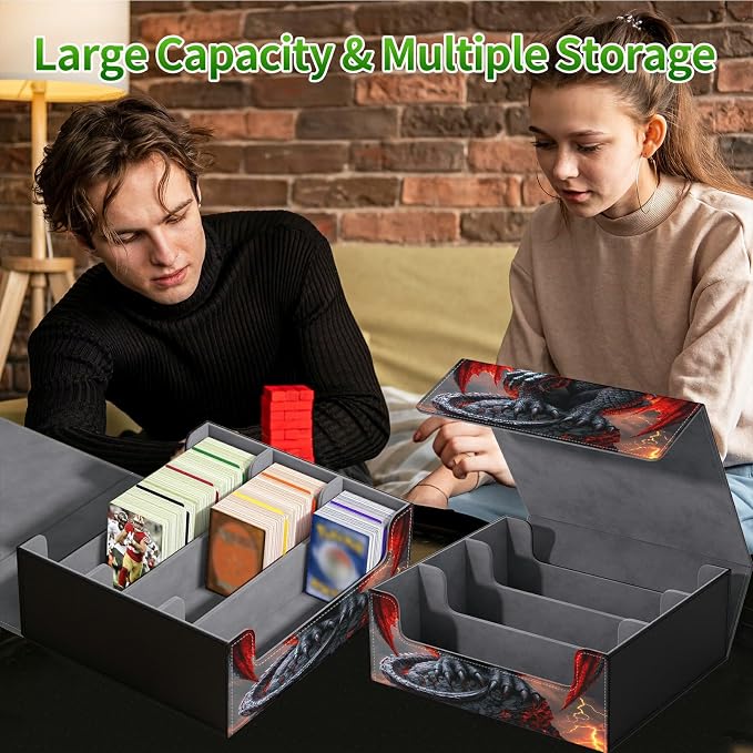 Large Card Deck Box for MTG, Fits 1200+ Sleeved Cards, PU Leather Storage Case with Strong Magnetic Closure, Multiple Colors for TCG CCG Baseball Card Collections, Red-Winged Dragon