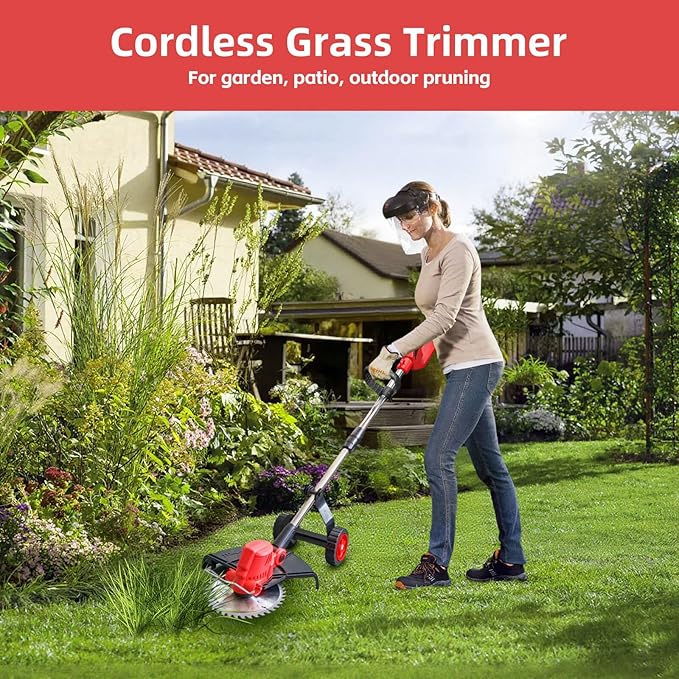 Electric Weed Wacker with Wheel, 3-in-1 Brushless Brush Cutter/String Trimmer/Grass Trimmer/Lawn Mower, 12" Cordless Weed Eater Battery Powered, 2 * 4000mAh Battery, 4 Blade and Charger