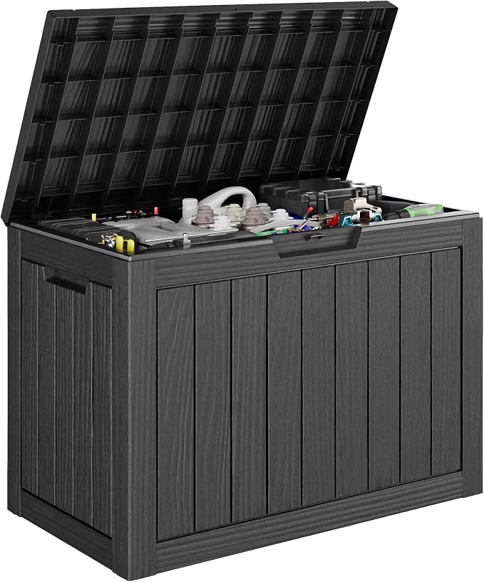 KAMABOKO 50 Gallon Outdoor Storage Box, All-Weather Resin Deck Box Outdoor Waterproof with Lockable Lid for Patio Cushions, Package Deliveries, Garden Tools, Pool Supplies, Black
