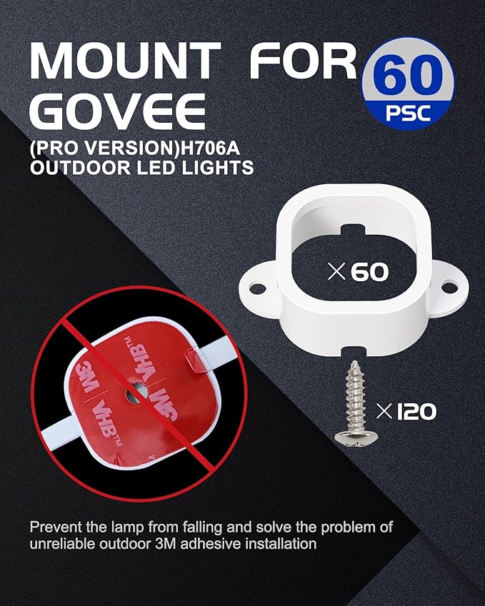 Outdoor Light Mounting Clips for Govee H706/H806, 60 Pcs White, Replace 3M Glue, Secure Installation for Govee Pro Permanent Outdoor Lights Extension