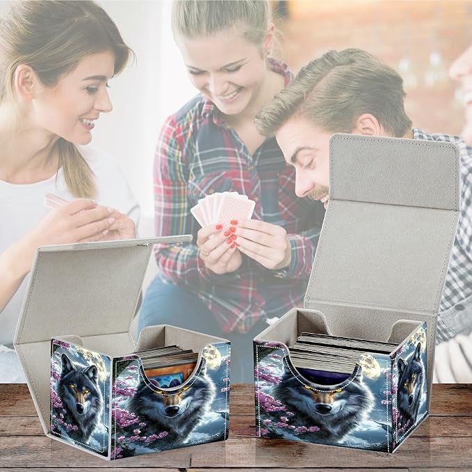 Card Deck Box for MTG, Cards Storage Box Fits 120+ Sleeved, Leather Small Size Strong Magnetic Closing Card Case for Board Games Magic TCG CCG Baseball Collection, Cherry Blossom Gray Wolf