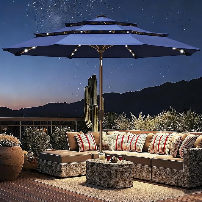 EliteShade USA 10-Year-Non-Fading 10ft 3-Tier Market Patio Umbrella, Commercial Table Umbrella with 80 Solar LED Lights, Crank Open, Windproof & UPF 50+ UV Protection for Garden, Deck, Pool, Backyard, Navy Blue