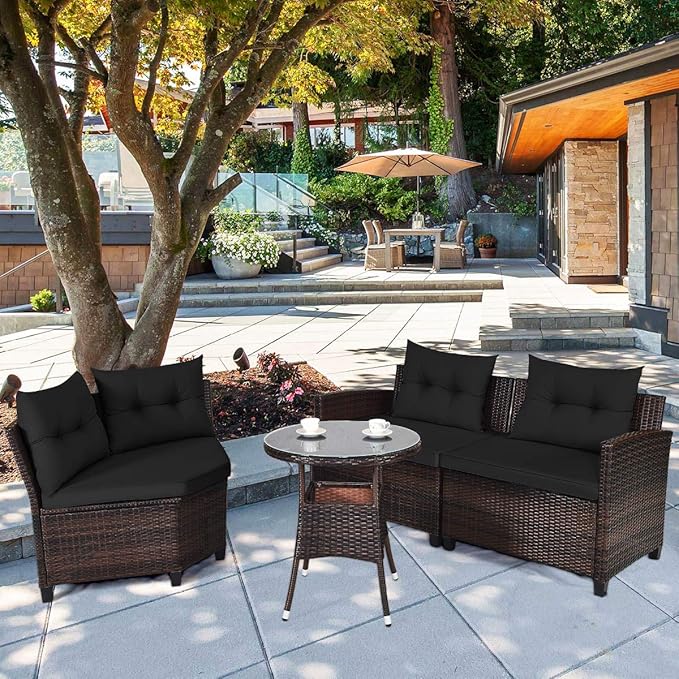 HAPPYGRILL 4 Pieces Outdoor Patio Furniture Set Wicker Sectional Sofa L-Shape with Round Tempered Glass Top Table & Cushions Modern Conversation Set Curved Sofa Set for Garden Poolside Balcony