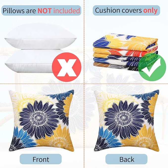 Waterproof Outdoor Pillow Covers 18x18 Decorative Summer Sunflower Square Pillow Covers Blue Yellow Throw Pillow Covers Set of 2 Garden Cushion Throw Pillowcase for Patio Furniture Tent Balcony Bench