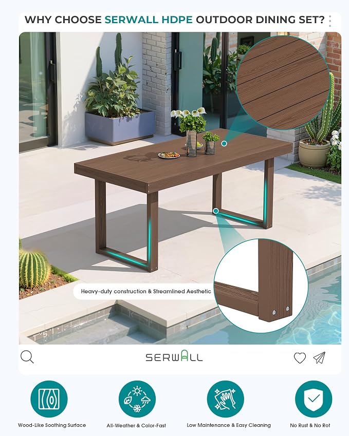 SERWALL HDPE Outdoor Dining Set for 4, 67'' Patio Table and Chairs Set | with Armchair Seat