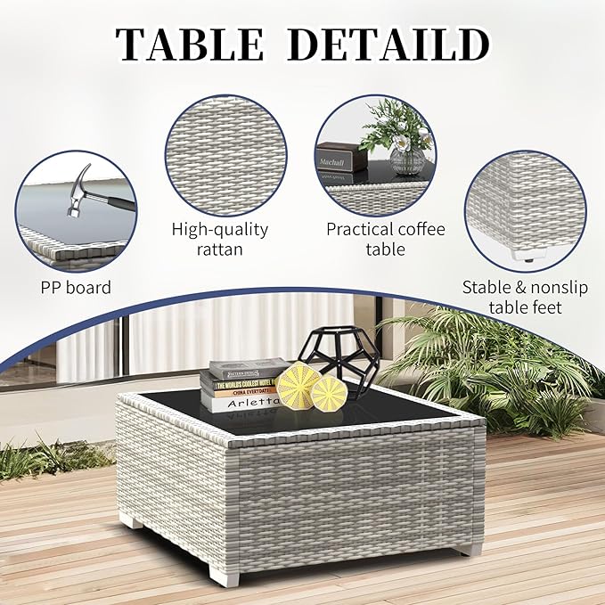 6 Pieces Wide Armrest Patio Furniture Set, Rattan Sectional Furniture with Thickened Cushions, Outdoor Patio Conversation Sets for Backyard, Poolside, Garden, Off-White & Navy Blue, Set of 6