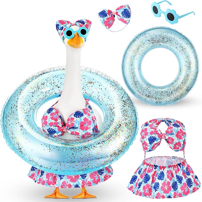 Bikini Porch Goose Outfits with Sunglasses and Swimming Tube for 23" Summer Goose Costume Garden Patio Statue Decor(Blue Monstera Leaf)