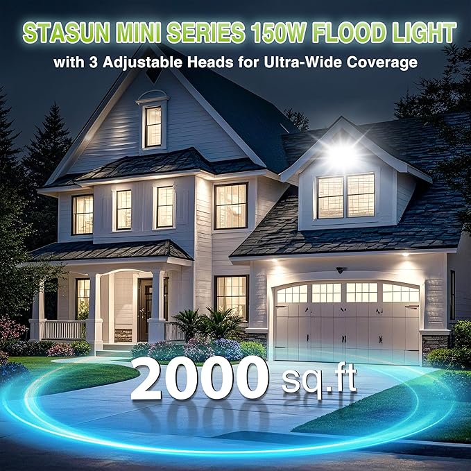 STASUN 2 Pack 150W LED Flood Lights, Mini Series Outdoor Floodlight, 15000LM 6000K Daylight White IP66 Waterproof 3 Adjustable Heads LED Exterior Flood Light for Yard, Driveway, Garage, Patio, Porch