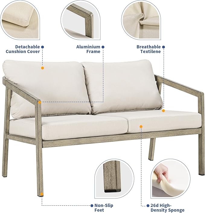 Patio Conversation Sets, 4 Piece Patio Furniture Sets with Loverseat、Armchair Sofa & Coffee Table, Aluminum Modern Outside Sectional Furniture for Garden, Backyard, Porch (Taupe)