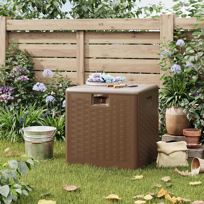 IDEALHOUSE 28 Gallon Deck Box, Waterproof Outdoor Storage Box with Lockable Lid, Heavy-Duty Resin Patio Furniture Cushion Storage Container for Garden, Backyard and Poolside, Brown