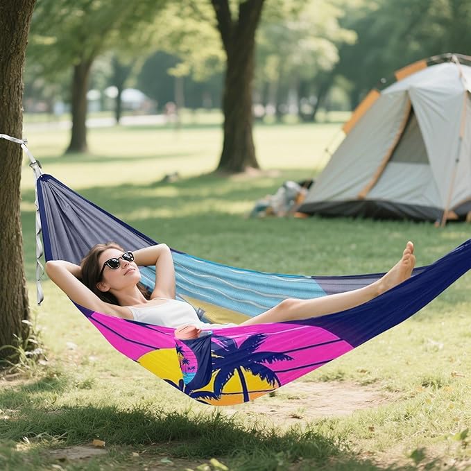 Summer Neon Coconut Tree Sunset Beach 330lb Capacity Outdoor Hammock with Portabl Carry Bag Swing Hammock for Indoor Outdoor Patio Base para poner hamaca