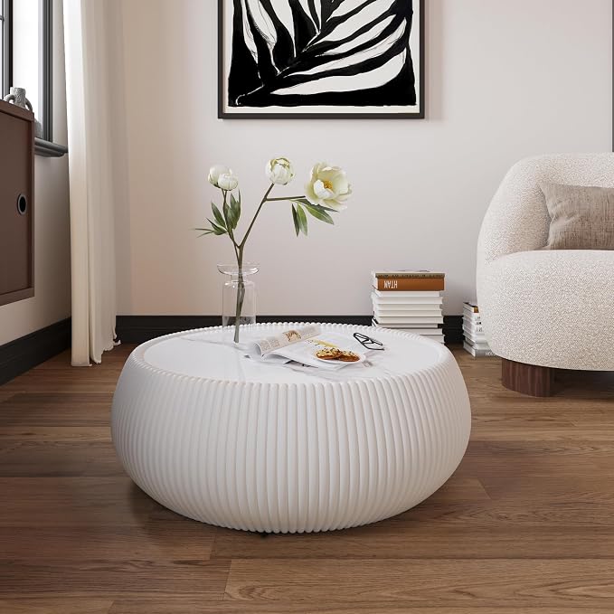 27.55" Round Coffee Table with Marble Top, Luxury Sintered Stone Coffee Table PU Leather Drum Center Tables Circle Cocktail Tea Table for Living Room Apartment No Assembly Cream White