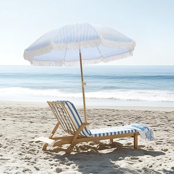 6.5FT Boho Patio Umberlla with Fringe,UPF50+ Outdoor Umbrella with Fiberglass Ribs and Push Button Tilt,Tassels Umbrella for Beach,Terrace,Picnic