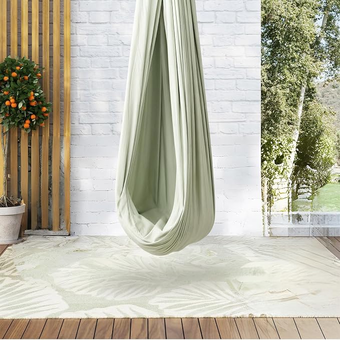 GarveeLife Dual-Layer Cotton Therapy Sensory Hammock Swing for Kids & Adults, Calming Compression, 360° Swivel, Heavy Duty Indoor Outdoor Cuddle Swing, 300 lbs Capacity, Bean Green