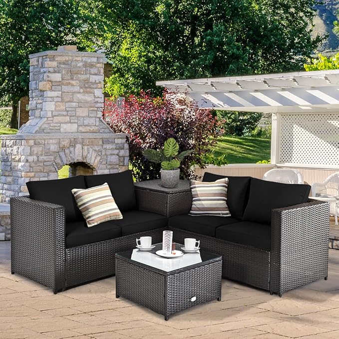 Tangkula 4 Piece Wicker Patio Set with Storage, All Weather-Proof Outdoor Conversation Set with Loveseat, Glass Top Coffee Table & Storage Box, Suitable for Garden, Poolside, Sunroom (1, Black)