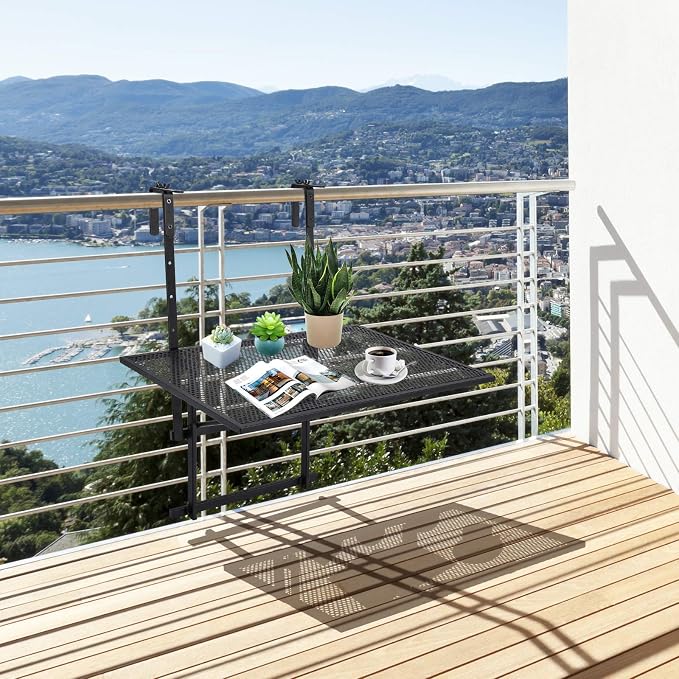 Tangkula Outdoor Folding Hanging Table, 5 Height Adjustable & Foldable Space Saving Railing Serving Table, Width from 1.5 inch to 4 inches, Suitable for Patio, Balcony and Deck