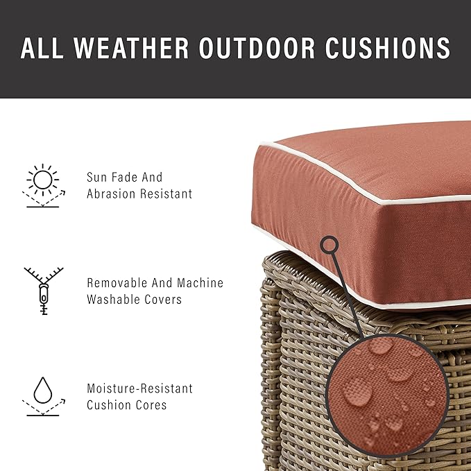 Crosley Furniture Bradenton 2-Piece Outdoor Chair and Ottoman Set, Wicker Patio Conversation Sets for Porch, Brown with Sangria Cushions