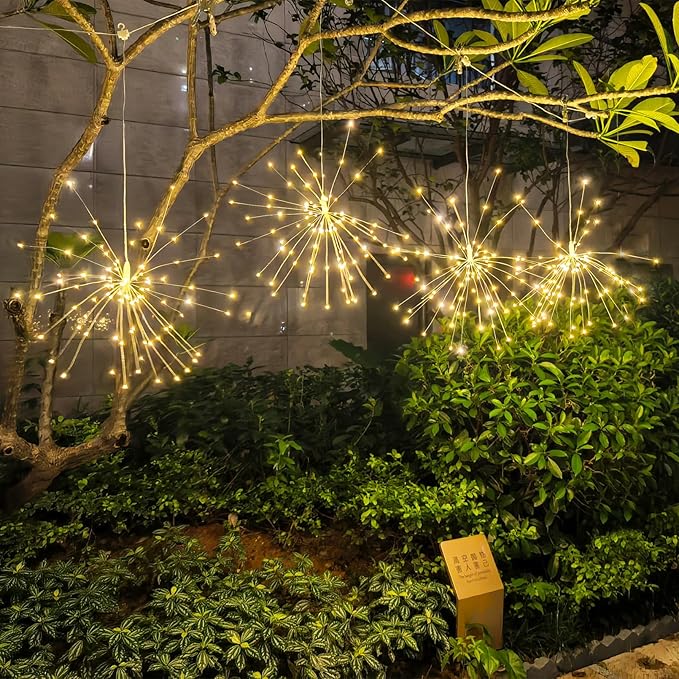 5 Pack Solar Firework Lights, 450 LED 8 Modes Dimmable Waterproof Hanging DIY Starburst Fairy Lights with Timer for Party Garden Indoor Outdoor Decoration (Warm White, 450)