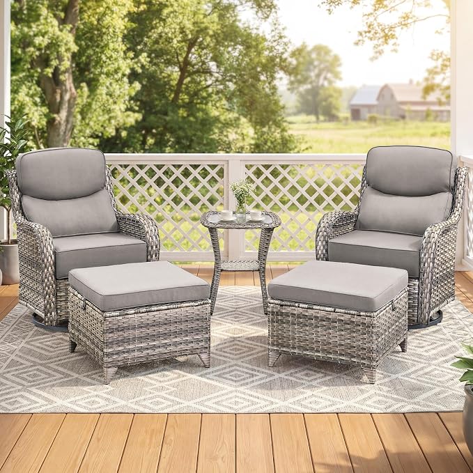 Luxury Swivel Rocker Chairs Set with 6" Thick Cushion 5 piece Wicker Outdoor Swivel Rocker Patio Chair with Ottoman High Back Comfortable Outdoor Patio Furniture Set - Gery | Gery