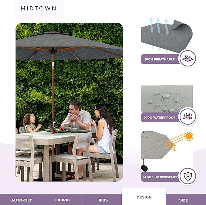 Midtown Umbrellas Wooden 2-10 Ft Patio Umbrella with 360° Swivel & Tilt Mechanism, 8 Fiberglass Ribs & Terylast Polyester Fabric for Deck, Pool, Garden & Porch - Greige Canopy, Wooden Pole