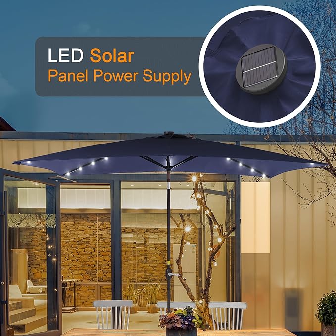 Rectangle Patio Umbrella with Solar Lights, 10 x 6.5ft Rectangular Outdoor Umbrella Table Market Patio Umbrella with Push Button Tilt and Crank for Garden, Deck, Backyard, Pool