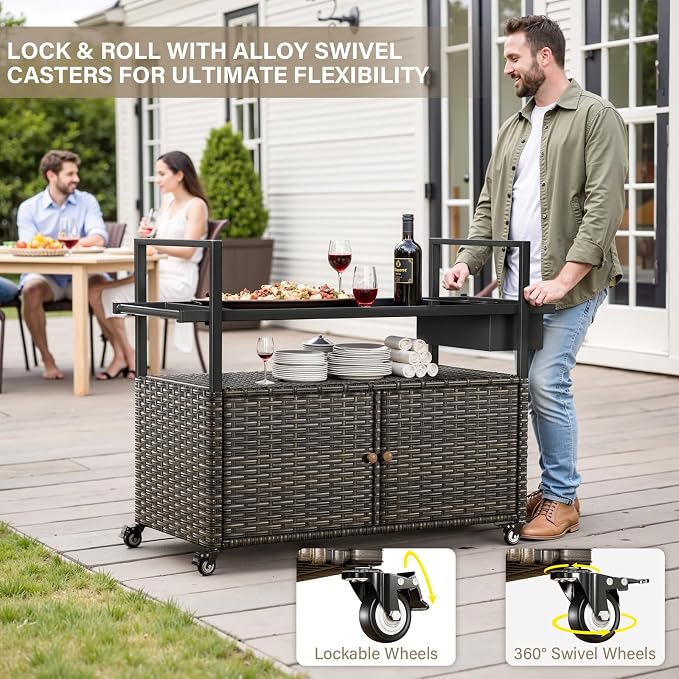 Belord Wicker Outdoor Bar Cart with Storage Cabinet and Four Rolling Wheels Patio Bar Table, Outdoor Buffet Cabinet Movable with Removable Side Basket for Deck Poolside Backyard Gray