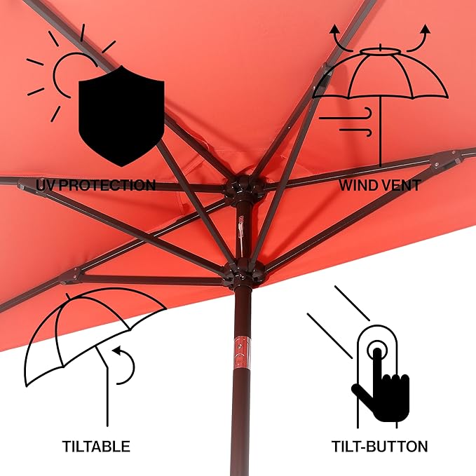 JONATHAN Y Terrace Scalloped 9 ft. Half Round Patio Umbrella with Crank Lift and Tilt, Coastal Semicircle Market Wall Umbrella for Balcony, Coral Red/White, Dark Brown Pole UMB1202A