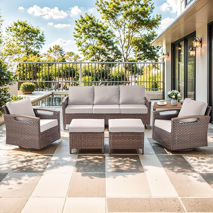 Luxury 6 Piece Heavy Duty Patio Furniture Set with Swivel Chair - All Weather Wicker Comfort Thick Cushion Outdoor Conversation Set with 3 Seat Sofa & Ottoman for Porch Poolside Deck - Beige