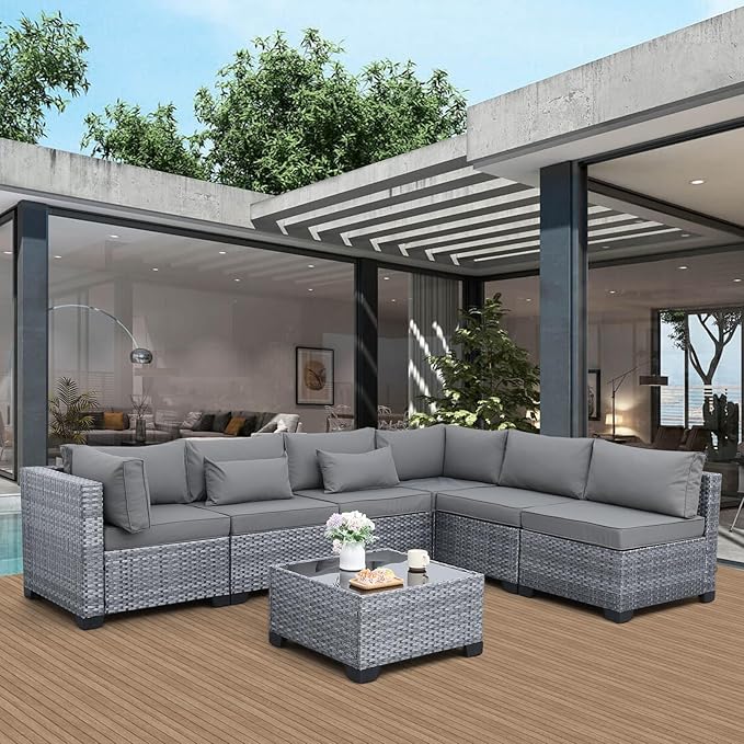 Valita 7 Pieces Outdoor Wicker Furniture Conversation Set Patio Sectional Sofa Set Glass Table with Non-Slip Cushions Furniture Cover, Light Grey