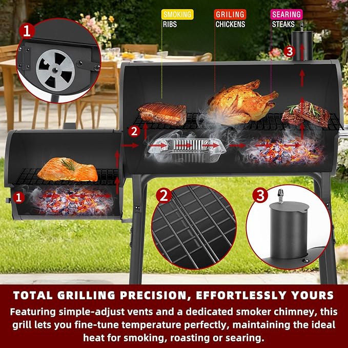 Charcoal Grill with Offset Smoker,BBQ Grills with Side Table,Outdoor Cooking with 535 Square Inches,Backyard Camping Picnics, Patio and Parties, Black by DNKMOR