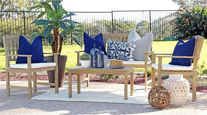 Coaster Home Furnishings Jonah 4 Piece Contemporary Wooden Outdoor Patio Conversation Set with 2 Armchairs, 1 Bench, 1 Table, and Beige Cushions