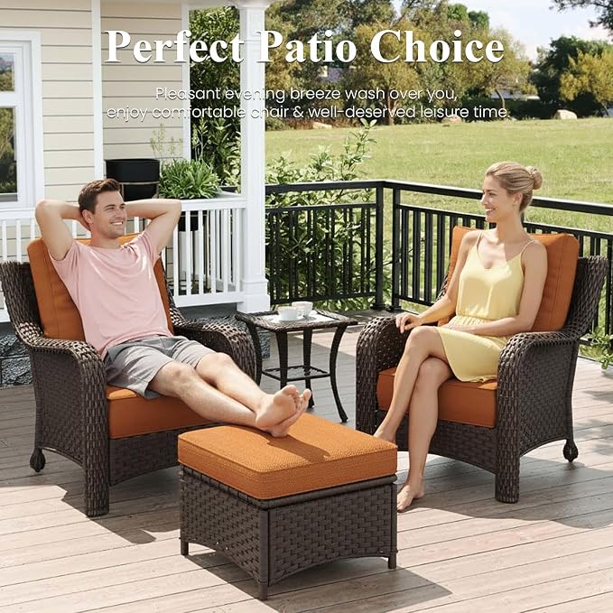LayinSun 3 Piece Wicker Outdoor Furniture Set with 6-inch Comfy Cushions, High Back Patio Furniture Set with Rattan Armchairs and Side Table