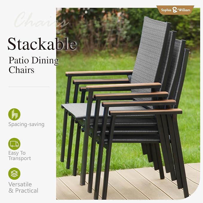 Sophia & William Patio Dining Set for 8 w/Square Table & Aluminum Chairs | Metal table, Grey Stackable Chairs, Breathable & quick-drying, Light-weight & space-saving, Umbrella Hole, Outdoor
