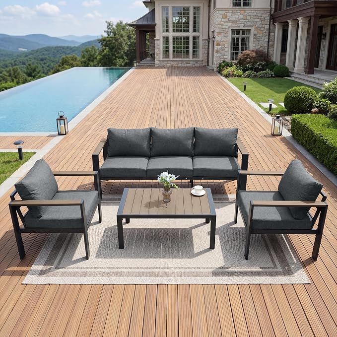 Outdoor Patio Furniture Set 5 Seats Luxury Aluminum Patio Conversation Set with Washable Thick Cushions, 4 Pieces Outdoor Sectional for Porch, Balcony, Deck, Yard, Gray